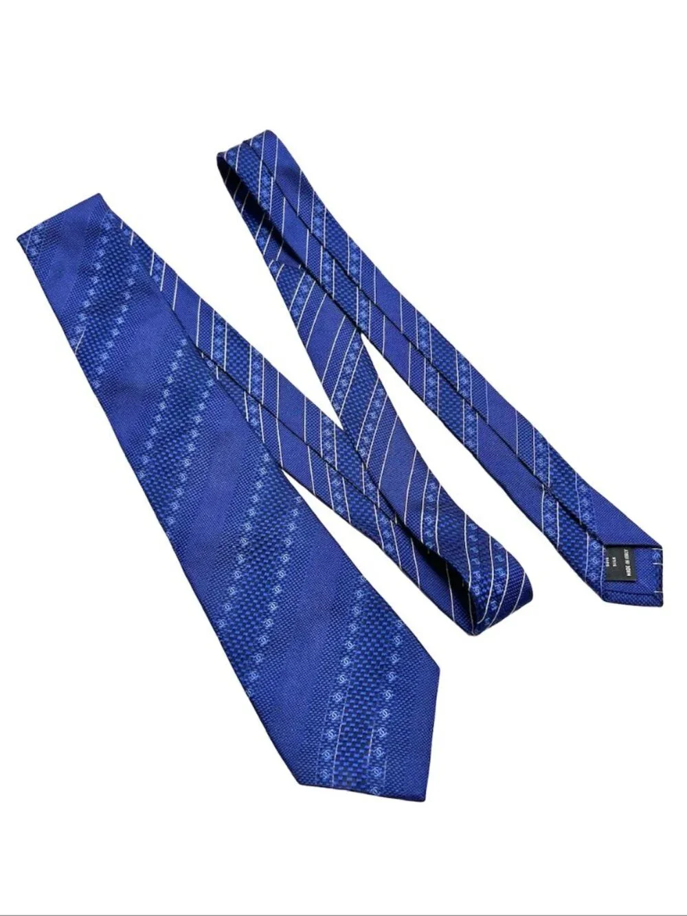 Classic Chanel Paris 100% Silk Necktie Blue Striped Logo Printed Italy Made(2) - Picture 10 of 15